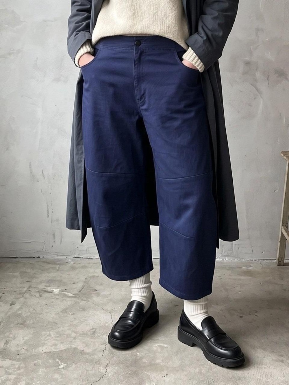 Roucha navy blue wash penn denim barrel pants